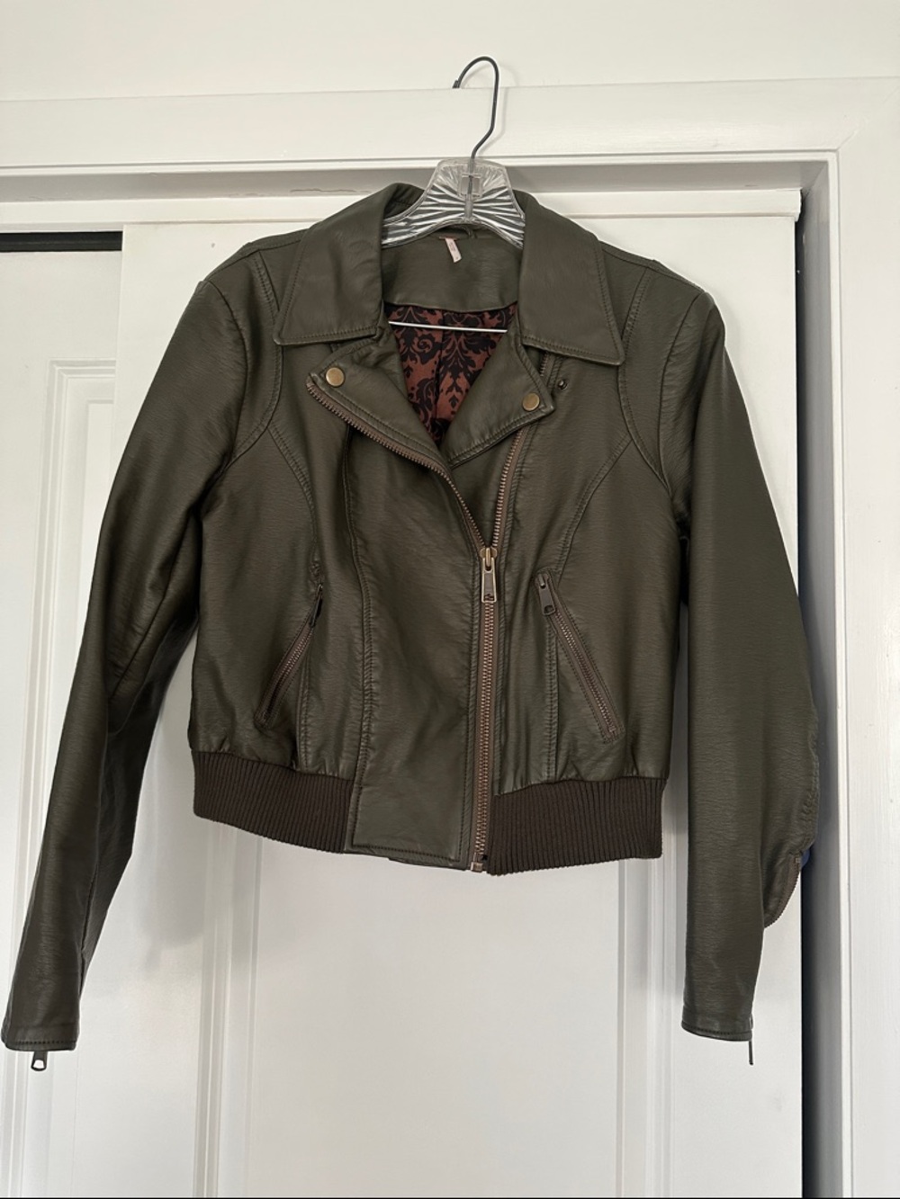 Free People Olive Green Faux Leather Moto Bomber Jacket